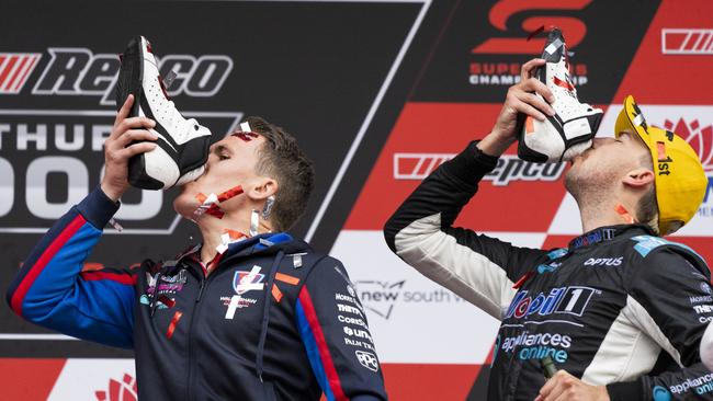 BATHURST, AUSTRALIA – DECEMBER 05: (L-R) Ryan Walkinshaw Mobil1 Appliances Online Racing Holden and Chaz Mostert drives the #25 Mobil1 Appliances Online Racing Holden Commodore ZB celebrate after the Bathurst 1000 which is part of the 2021 Supercars Championship, at Mount Panorama, on December 05, 2021 in Bathurst, Australia. (Photo by Daniel Kalisz/Getty Images)