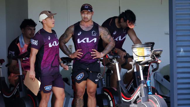 Brisbane Broncos first day of training for 2024, complete with vomit bucket. Picture: Nigel Hallett