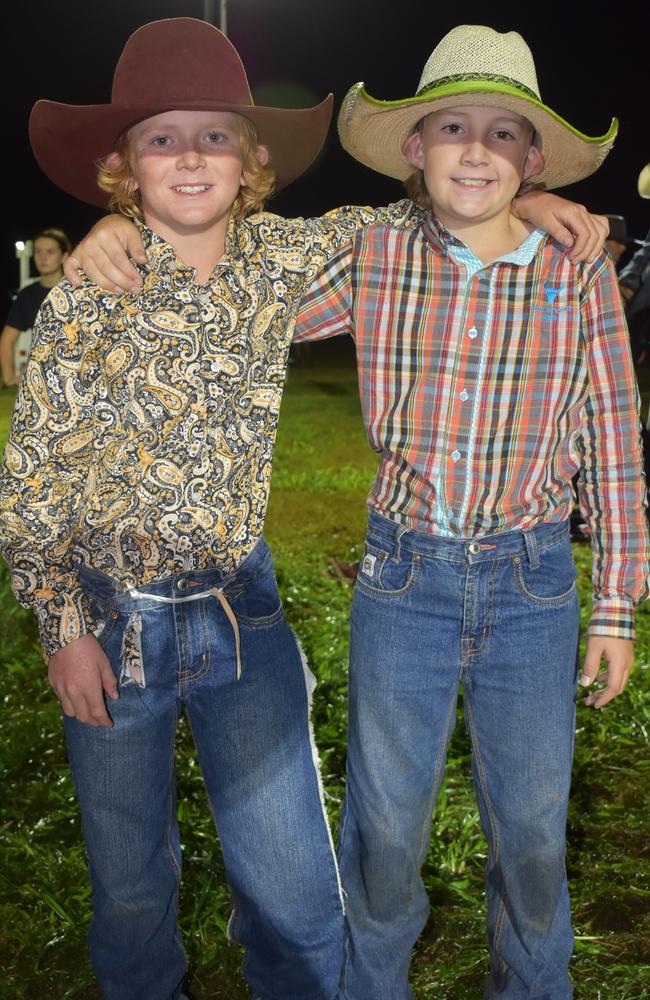 Cody Hoare, 11, and Karter Searle, 10, from Collinsville, at the Sarina CRCA Rodeo. Photo: Janessa Ekert