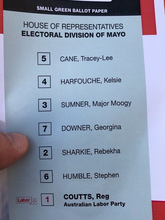 Labor’s how-to-vote card for Mayo.