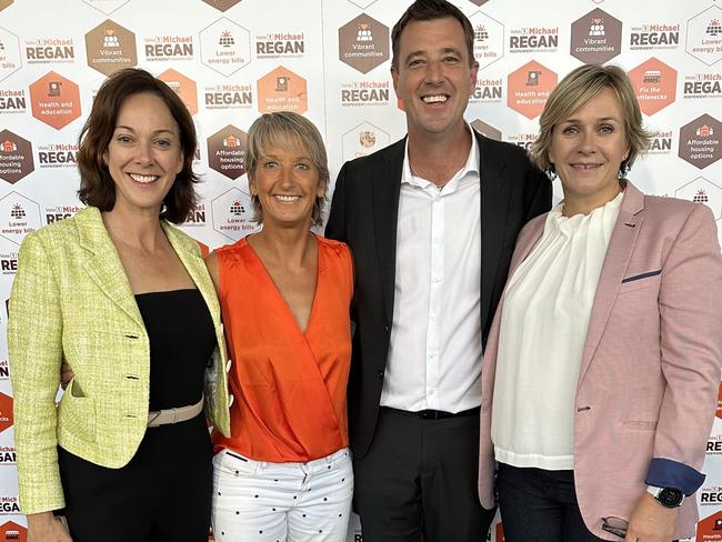 Northern Beaches mayor Michael Regan, running as an independent candidate in the seat of Wakehurst at the March 25 state election, received support from the independent MPs for Mackellar, Sophie Scamps (left) and Warringah Zali Steggall (right), along with former world surfing champion and activist Layne Beachley at his campaign launch at Manly Warringah Football Club at Cromer on Thursday night. Picture: Supplied