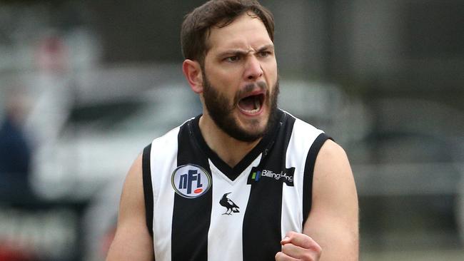 Patrick Fitzgerald celebrates a goal for Montmorency. Picture: Hamish Blair