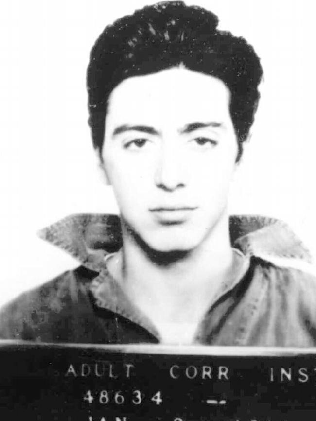 <b>Al Pacino</b> was just 20 when he posed for this mugshot in 1961. The future star of <i>The Godfather</i>, <i>Scarface</i> and <i>Scent of a Woman</i> was arrested with friends in Woonsocket, Rhode Island, and charged with possession of a concealed weapon after a gun was found in their car. They reportedly spent three days in jail, with Pacino telling police the weapon was a prop. Picture: AP