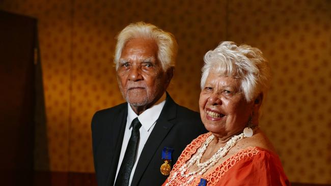 Indigenous elders Alfred Neal and Ruth Hennings in 2019 when they were both awarded the Medal of the Order of Australia. Picture: Brendan Radke