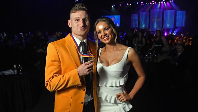 Malcolm Blight Medal winner Rory Laird with partner Lucy McArthur at the Adelaide Entertainment Centre. Picture: Tom Huntley