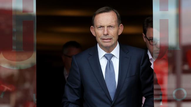 Former prime minister Tony Abbott outside his Hobart hotel this morning.  Picture: Luke Bowden