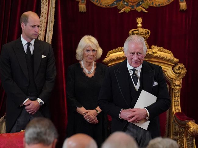 William, Prince of Wales, and Camilla, Queen Consort, look on as King Charles III attends his proclamation as King during the accession council. Picture: Jonathan Brady - WPA Pool/Getty Images