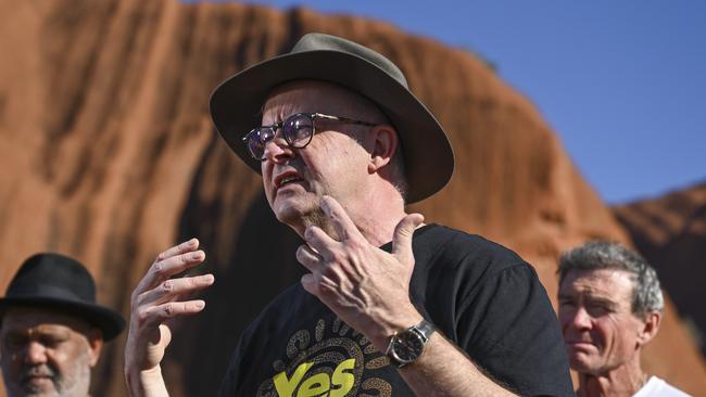 Prime Minister Anthony Albanese with the Yes campaign at Uluru. Picture: Martin Ollman