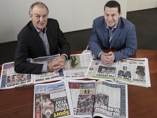 Crows greats inaugural coach Graham Cornes and back-to-back premiership captain Mark Bickley discuss the woes of the Adelaide Football Club. Picture: SIMON CROSS