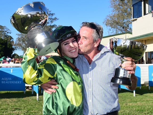 Jasmine and Greg Cornish celebrate winning the Beaudesert Cup together- Picture Supplied : Grant Peters - Trackside Photography