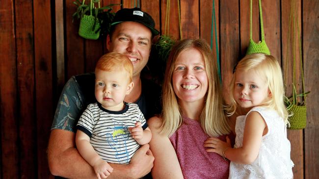 Andrew Whiting with Max Whiting and Jodie Whiting with Lola Whiting at Elk Espresso, Broadbeach. Photo: Kit Wise