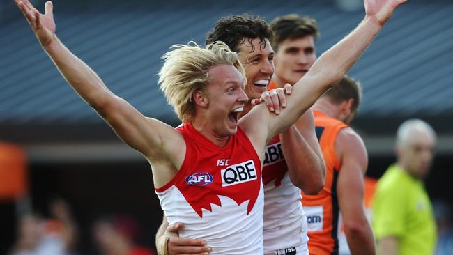 Debutant Swan James Rose celebrates his third last quarter goal uring AFL match GWS Giants v Sydney Swans at Spotless Stadium. Picture. Phil Hillyard