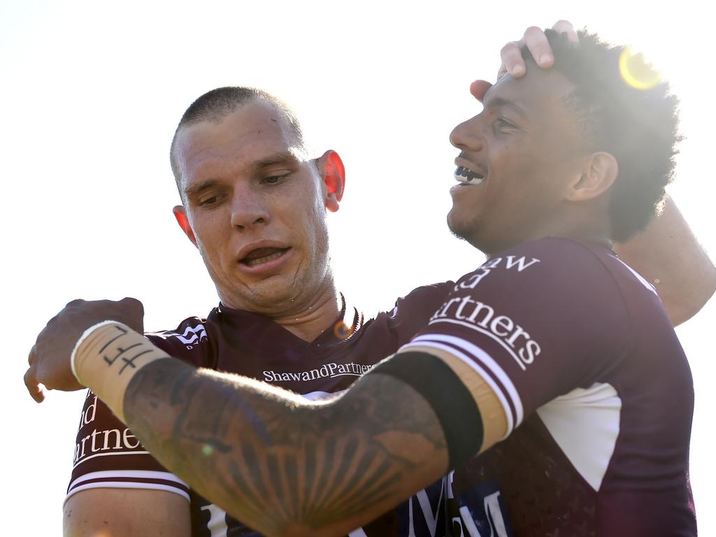 Hasler will be tempted to give star Tom Trbojevic (L) an early shower if Manly are assured of a top-four finish. Picture: Albert Perez/Getty Images