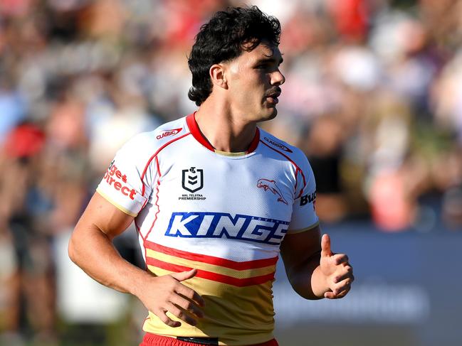 SUNSHINE COAST, AUSTRALIA - FEBRUARY 18: Herbie Farnworth of the Dolphins runs during the warm up before the NRL Pre-season challenge match between the Dolphins and Gold Coast Titans at Sunshine Coast Stadium on February 18, 2024 in Sunshine Coast, Australia. (Photo by Bradley Kanaris/Getty Images)