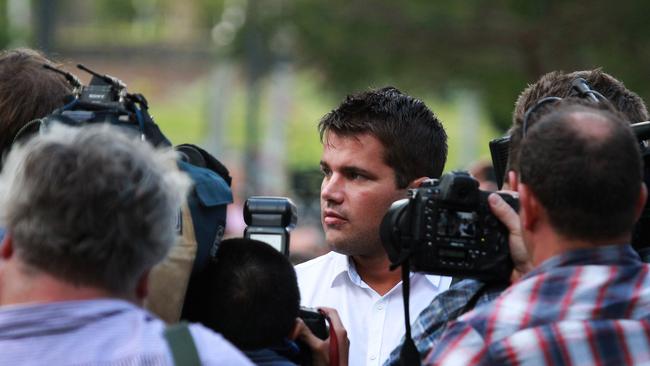 Gable Tostee leaves Brisbane Supreme Court with his lawyer Nick Dore after the jury handed down a not-guilty verdict. Photo: Claudia Baxter.