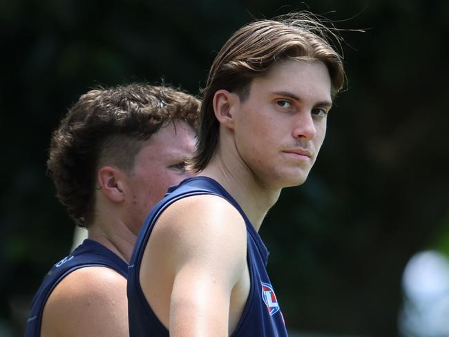 Melbourne pre-season training session at Goschs Paddock. Possible young recruits Kalani White (son of former Demon Jeff White) and Toby Sinnema during training.  Picture: David Caird