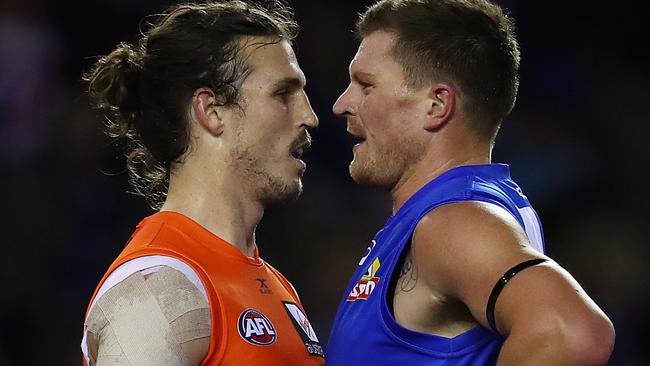 Giant Phil Davis and Bulldog Jack Redpath will meet again in Round 1, 2018. Picture: Michael Klein