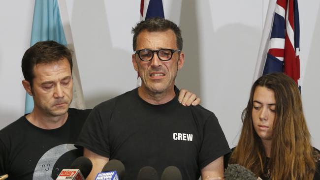 Laurent Hayez, father of missing Belgian backpacker Theo Hayez is joined by JP Hayez, Godfather, Lisa Hayez, cousin, during a public appeal for information regarding his son's disappearance. (AAP Image/Regi Varghese)