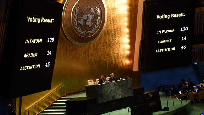 Applause was heard after the UN General Assembly votes for an "immediate humanitarian truce" in Gaza. Picture: Andrea Renault / AFP.