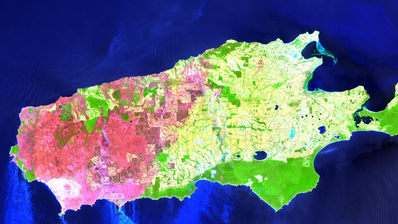 This satellite image of Kangaroo Island was taken on January 9 by the USGS Landsat2 satellite. The parts in red are where the fire tore through.