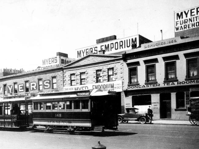 1926. A cable tram trundling past Myer's Emporium in the city in 1926.