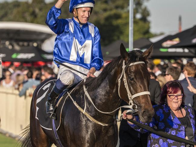 Jockey Hugh Bowman wins the Queensland Oaks on Winx, trained by Chris Waller at Doomben Racecource, Brisbane, Saturday, May 30, 2015. (AAP Image/Glenn Hunt) NO ARCHIVING, EDITORIAL USE ONLY