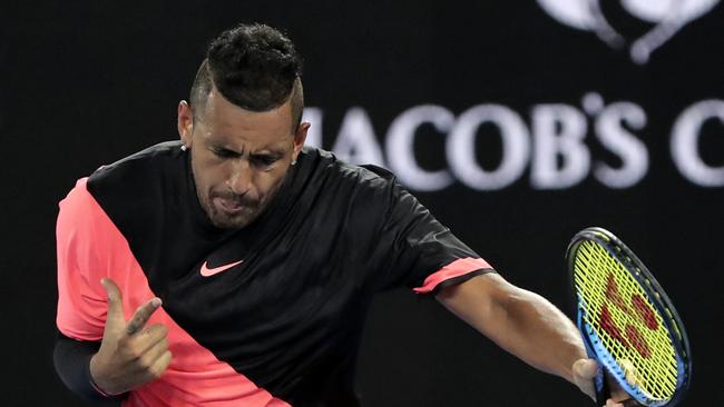 Nick Kyrgios celebrates after defeating France's Jo-Wilfried Tsonga. Picture: AP Photo/Dita Alangkara