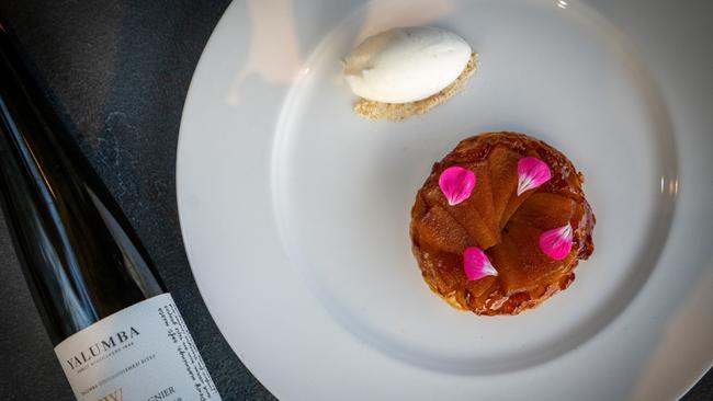 Tarte Tatin and Yalumba Botrytis Viognier at Five Regions, Adelaide Oval Hotel. Picture: Simon Wilkinson