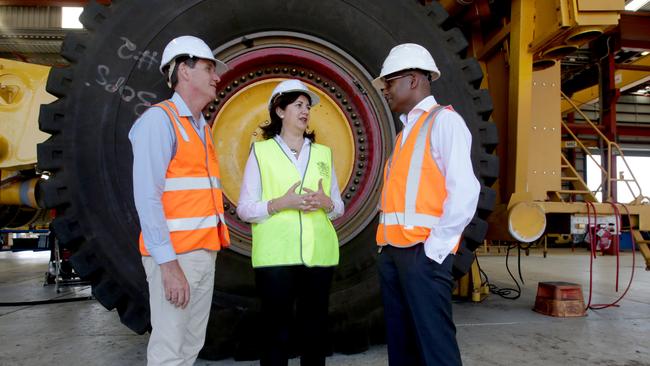 Mines minister Anthony Lynham and Premier Annastacia Palaszczuk in Mackay with Adani CEO Jeyakumar Janakara to announce the go ahead of the Carmichael Mine by Indian company Adani. Pic Tim Marsden