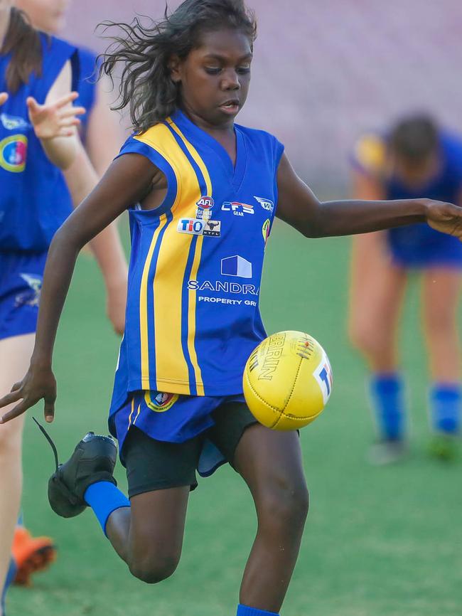 Tonisha Kenyon on the ball for the Wanderers Football Club all-girl U12s team ... ‘Their tackling and commitment is absolutely ferocious’. Picture: Glenn Campbell