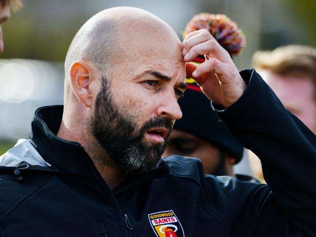 Adelaide Footy League division one match between Prince Alfred Old Collegians and Goodwood Saints at Park 9, Saturday, July 4, 2020. Goodwood Saints coach Luke Donaldson. (Pic: Brenton Edwards)