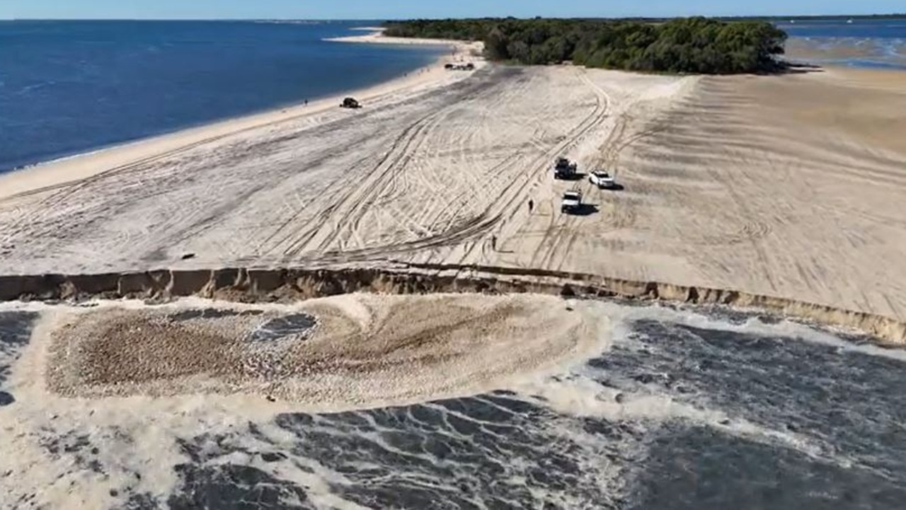 A land slip at Inskip Point today, June 3, was captured by rangers on drone footage.