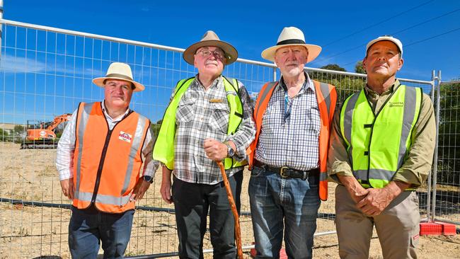 MP Frank Pangallo, forensic archaeologist Professor Maciej Henneberg, retired major crime detective Bill Hayes and author Stuart Mullins at the site being excavated. Picture: NewsWire / Brenton Edwards