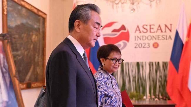 Indonesian Foreign Minister Retno Marsudi, right, with top Chinese diplomat Wang Yi in Jakarta. Picture” AFP