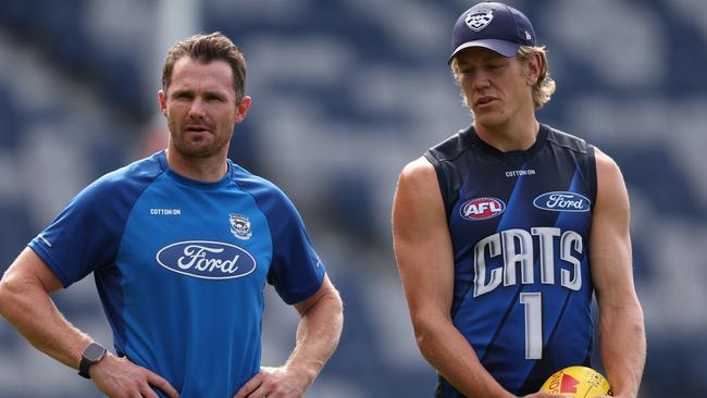 GEELONG, AUSTRALIA - MARCH 06: Patrick Dangerfield and Rhys Stanley of the Cats are seen during a Geelong Cats AFL training session at GMHBA Stadium on March 06, 2024 in Geelong, Australia. (Photo by Robert Cianflone/Getty Images)