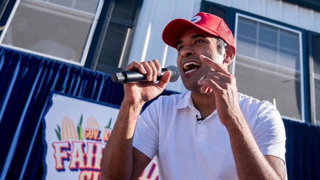 US entrepreneur and 2024 Presidential hopeful Vivek Ramaswamy raps at the Iowa State Fair. Picture: AFP