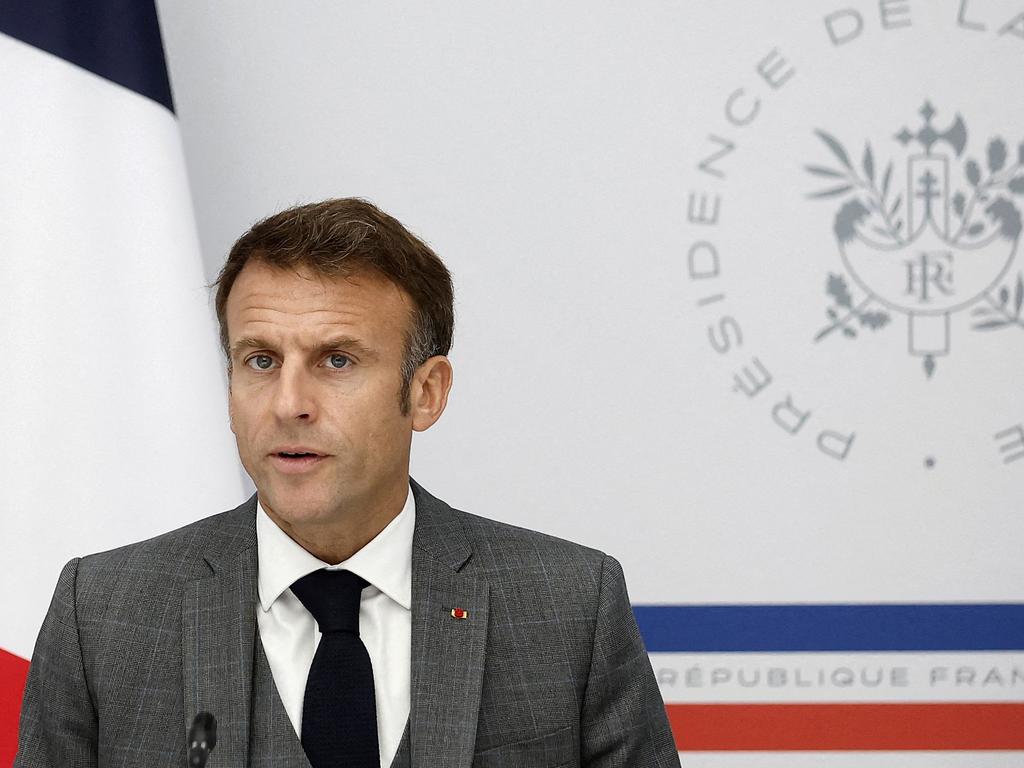 French President Emmanuel Macron attends a video-conference at the presidential Elysee Palace with the families of the French hostages held in Gaza. Picture: AFP