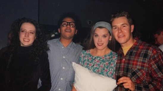 Paul Kitching (right) and friends at the Metro Pyjama Party hosted by entertainer Maynard F# Crabbes at the Richmond Hotel in Rundle Mall, June 9, 1991. Picture: Paul Kitching.