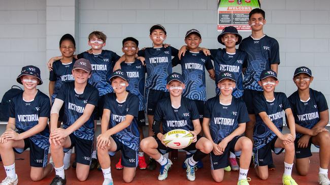 Victoria Top left: LaRon Tashwill Kulupa - Adolf, Lewis Corben, Tyson Tokava, Kevin Woodley, Kara Fuuava, Kaimana Tuimavave-Mau and Nukutai Ezekiela Bottom left: Hugo Green, Alexander Woolf, Lachie Collett, Steph Engelbrecht, Jamisen Neame, Dash McMahon and Lennox Misiluki at the 2023 National Combined Touch Championships in Darwin. Picture: Pema Tamang Pakhrin