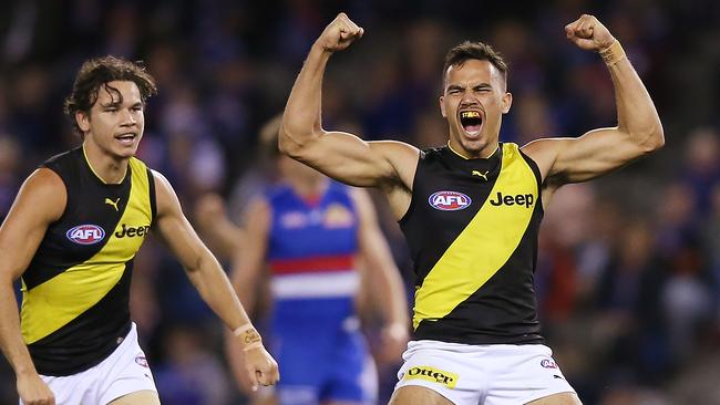 Stack’s trademark pythons out, celebratory roar after a goal. Picture: Getty Images