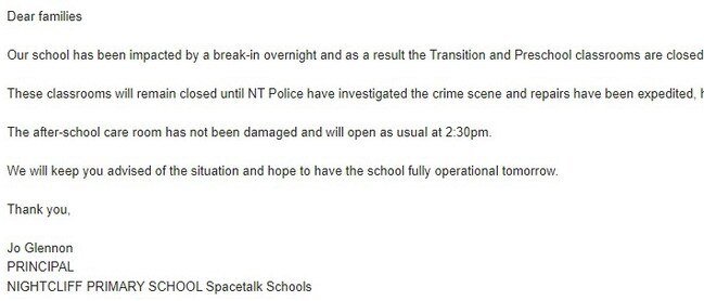 An email sent after the break-in on Wednesday. Picture: Supplied