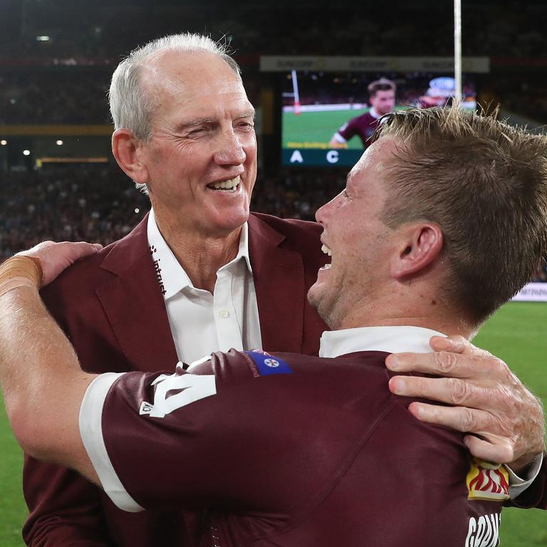 Coach Wayne Bennett and Harry Grant celebrate after Queensland clinched the 2020 Origin series. Picture: Peter Wallis