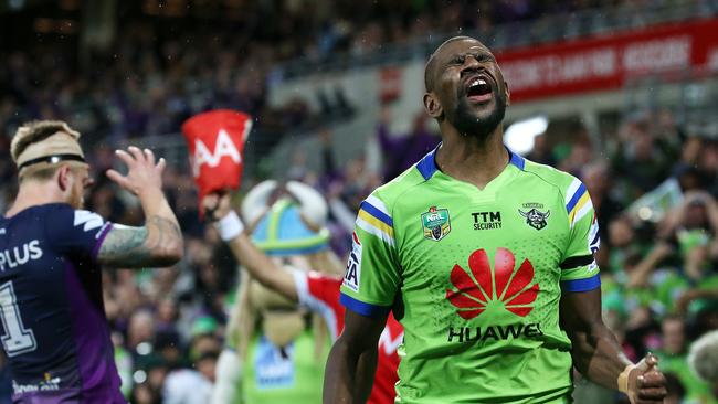 NRL Preliminary Final , Melbourne Storm V Canberra Raiders at AAMI Park, 24th September, Melbourne Australia. Edrick Lee of the Canberra Raiders misses a try chance late in the match. Picture : George Salpigtidis