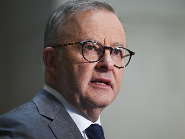 CANBERRA, AUSTRALIA - APRIL 5: Prime Minister of Australia Anthony Albanese, Senator Katy Gallagher and Minister for the Arts Tony Burke address the media during a visit to the National Gallery of Australia in Canberra. Picture: NCA NewsWire / Martin Ollman