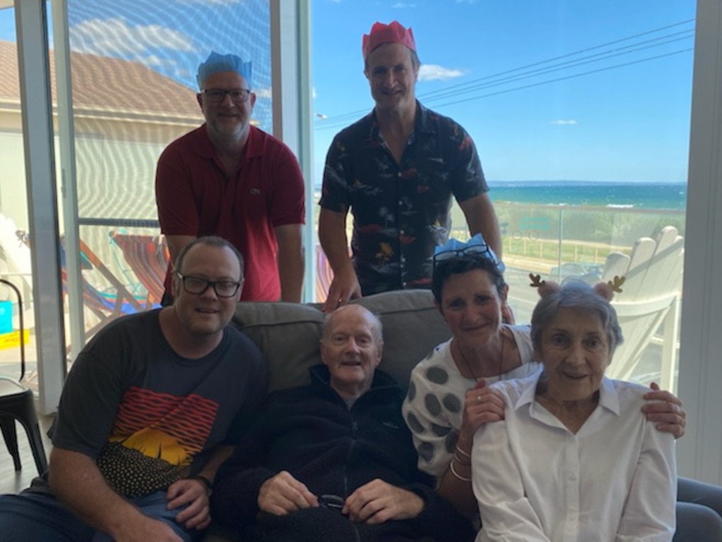 The Beveridge family together for Christmas in 2021. Back: John Jr and Luke. Front: Marty, John, Cath and Rosa.