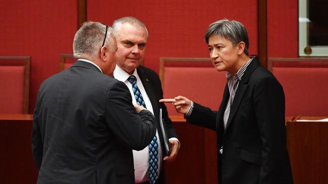 Shadow Minister for Foreign Affairs Penny Wong remonstrates Centre Alliance Senators Rex Patrick and Sterling Griff after Minister for Finance Mathias Cormann successfully stopped the passage of a bill to protect gay students from discrimination yesterday. Picture: Mick Tsikas/AAP