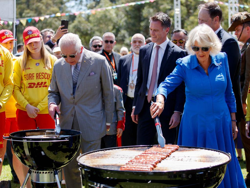 King Charles and Queen Camilla turned ‘snags’ at the barbecue. Picture: NewsWire / Nikki Short