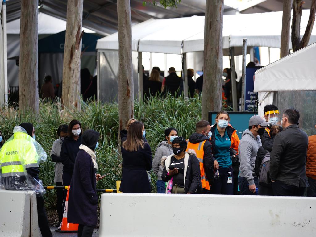 Long queues were spotted at the Olympic Park Vaccination Hub in Sydney Australia. Picture: NCA NewsWire/Gaye Gerard