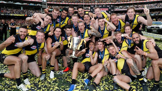 The Tigers celebrate their second flag in three years after last week’s Grand Final. Picture: Getty Images