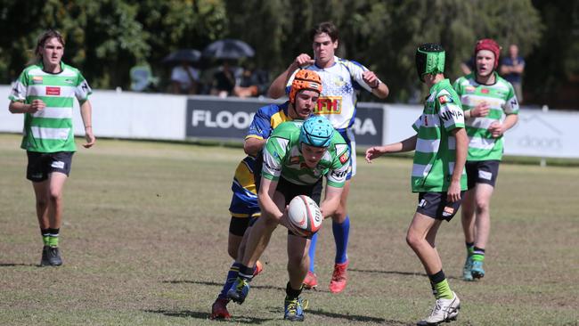 Action galleries of the junior rugby union grand finals, match played at Surfers Paradise Home Ground. Gold Coast Eagles Vs Currumbin Alligators under 16s division. Picture Mike Batterham
